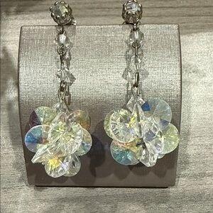 Vintage Signed Vendome AB Crystal Sparkly Glass Long Dangle Clip on Earrings